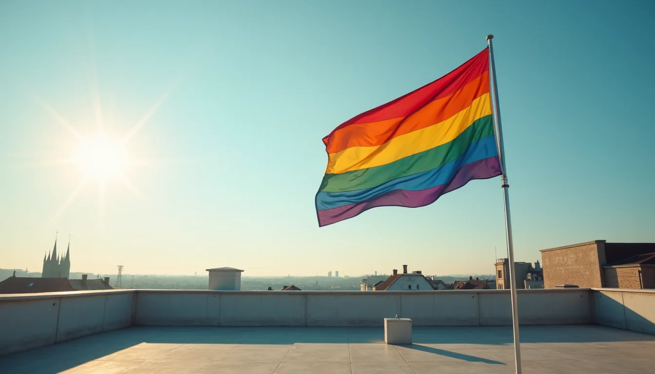 grand drapeau arc-en-ciel flottant sur un toit dans le ciel matinal a Rennes