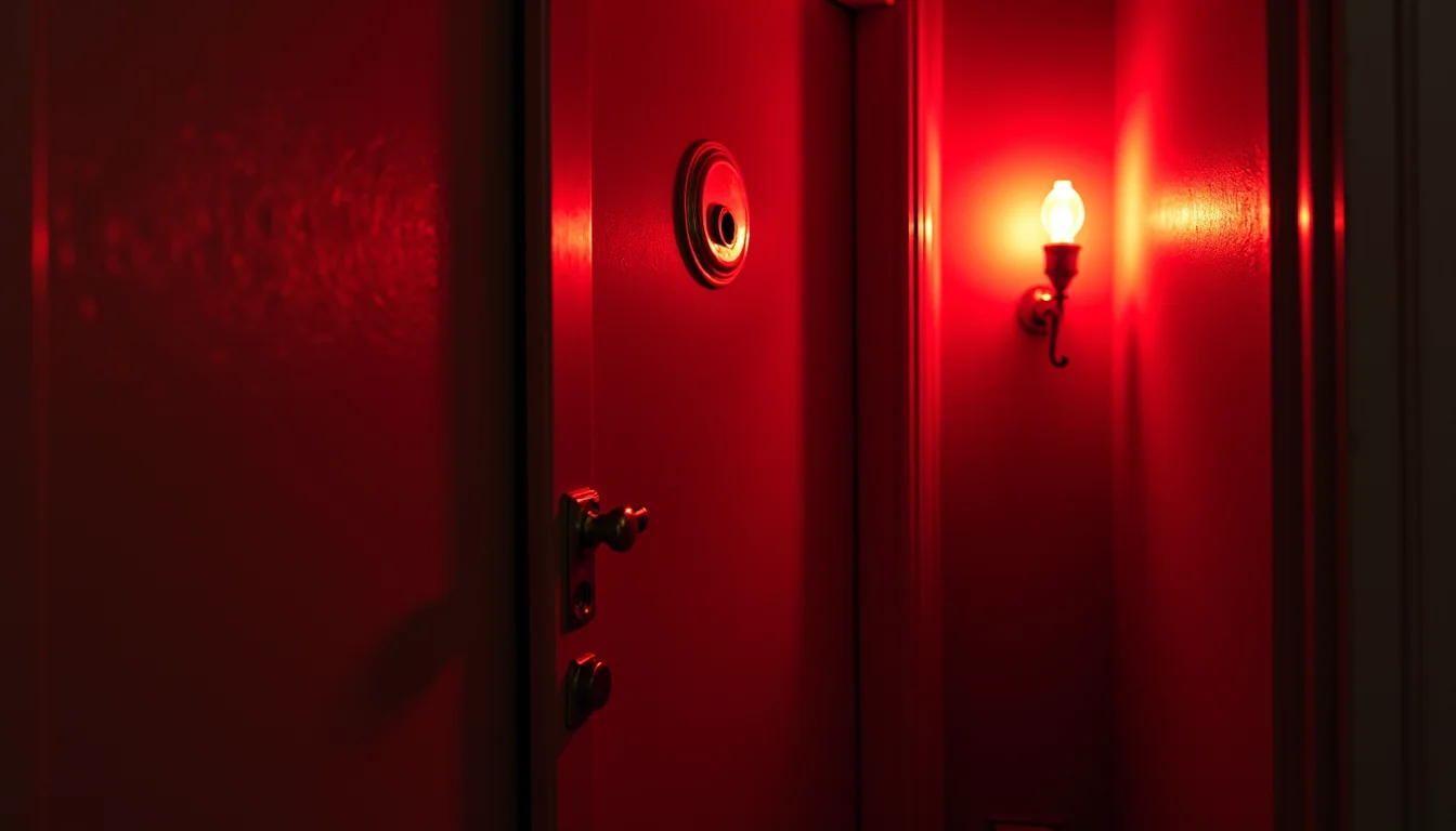 porte de speakeasy à lumière rouge et judas de laiton a Rennes