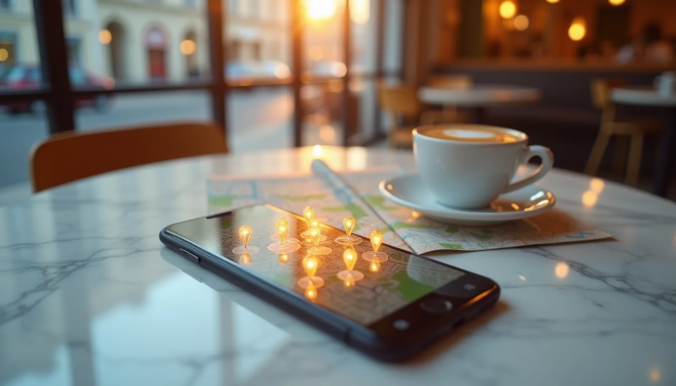 smartphone aux épingles de carte sur une table de café ensoleillée a Rennes
