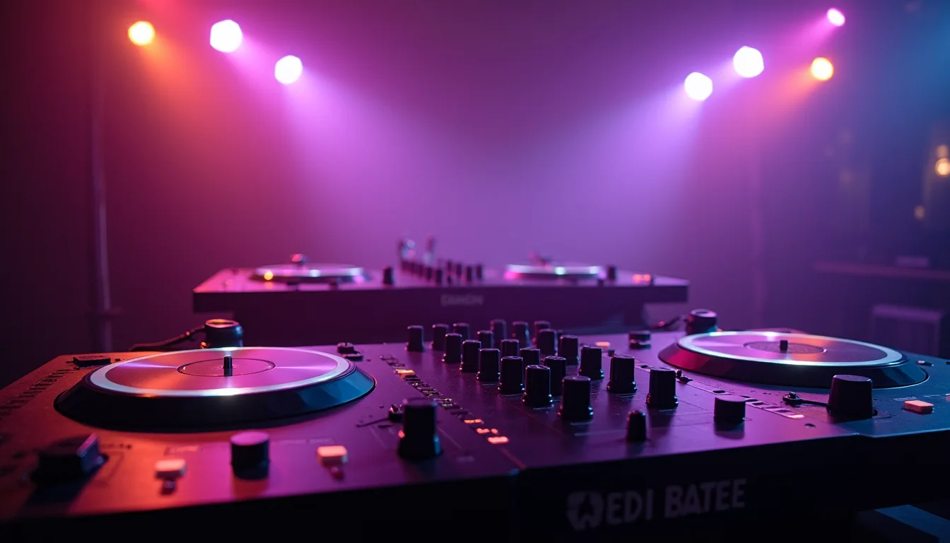 cabine DJ avec platines et faders lumineux sous lumière violette a Rennes
