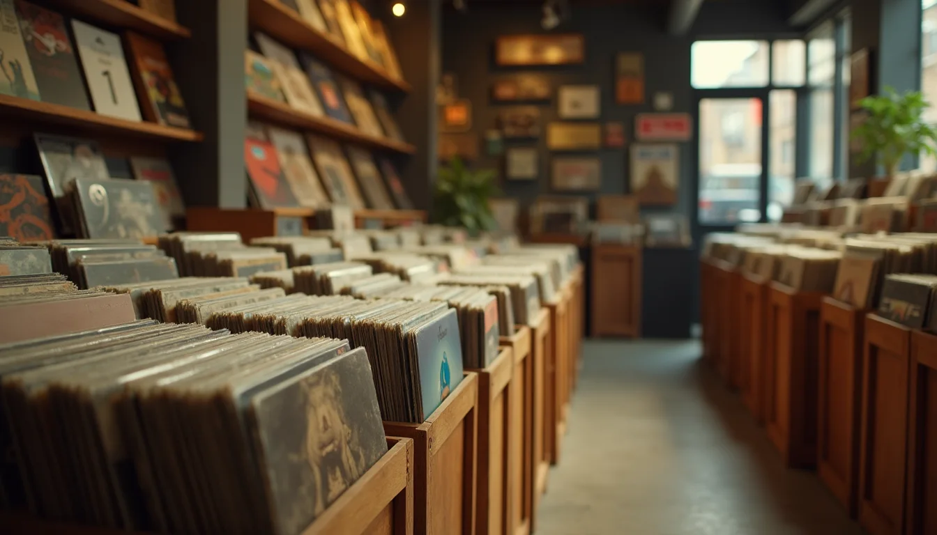 bacs de vinyles dans un disquaire, lumiere tungstene rasante a Rennes