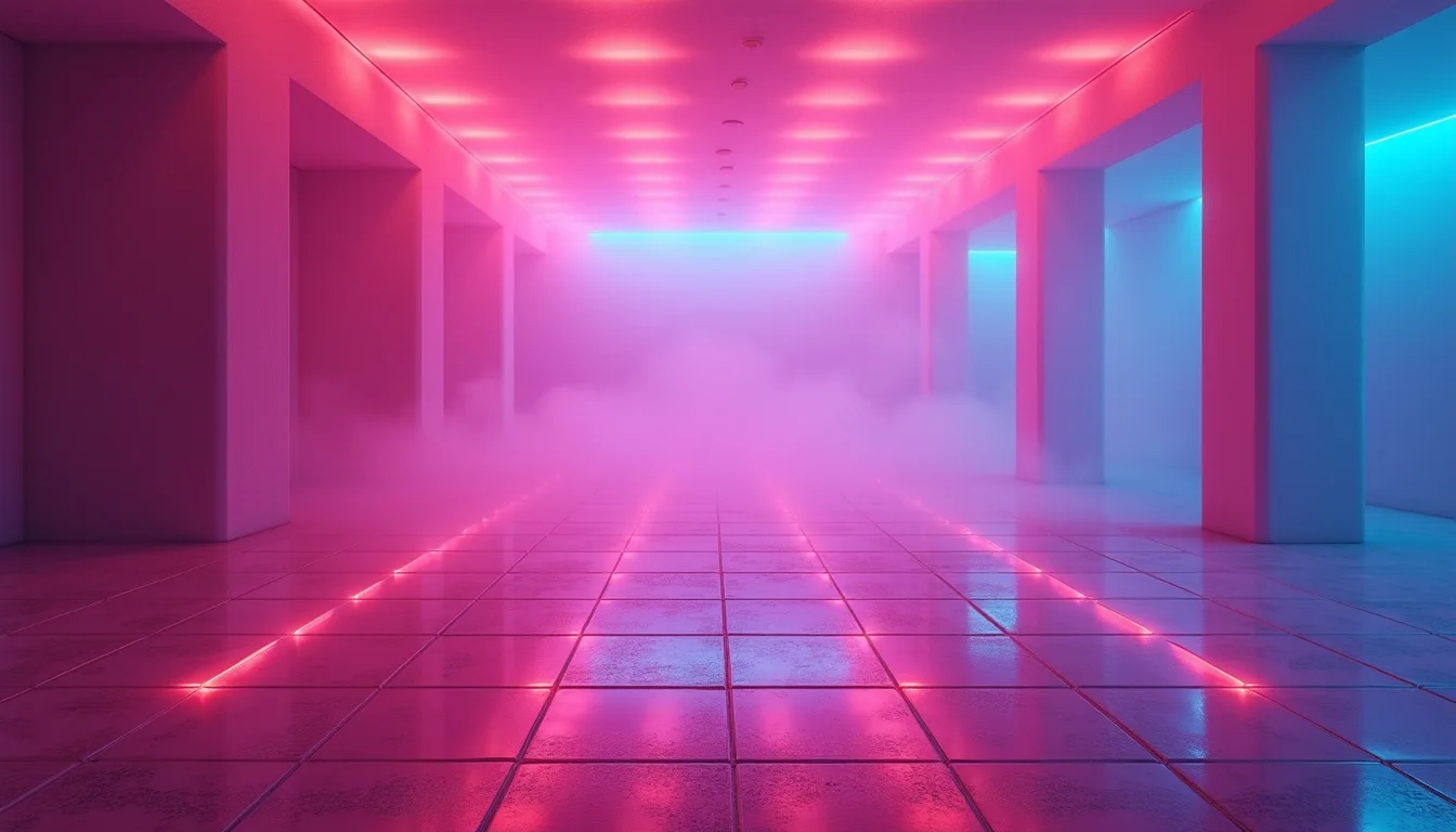piste de danse au néon, carrés réfléchissants magenta et cyan a Rennes