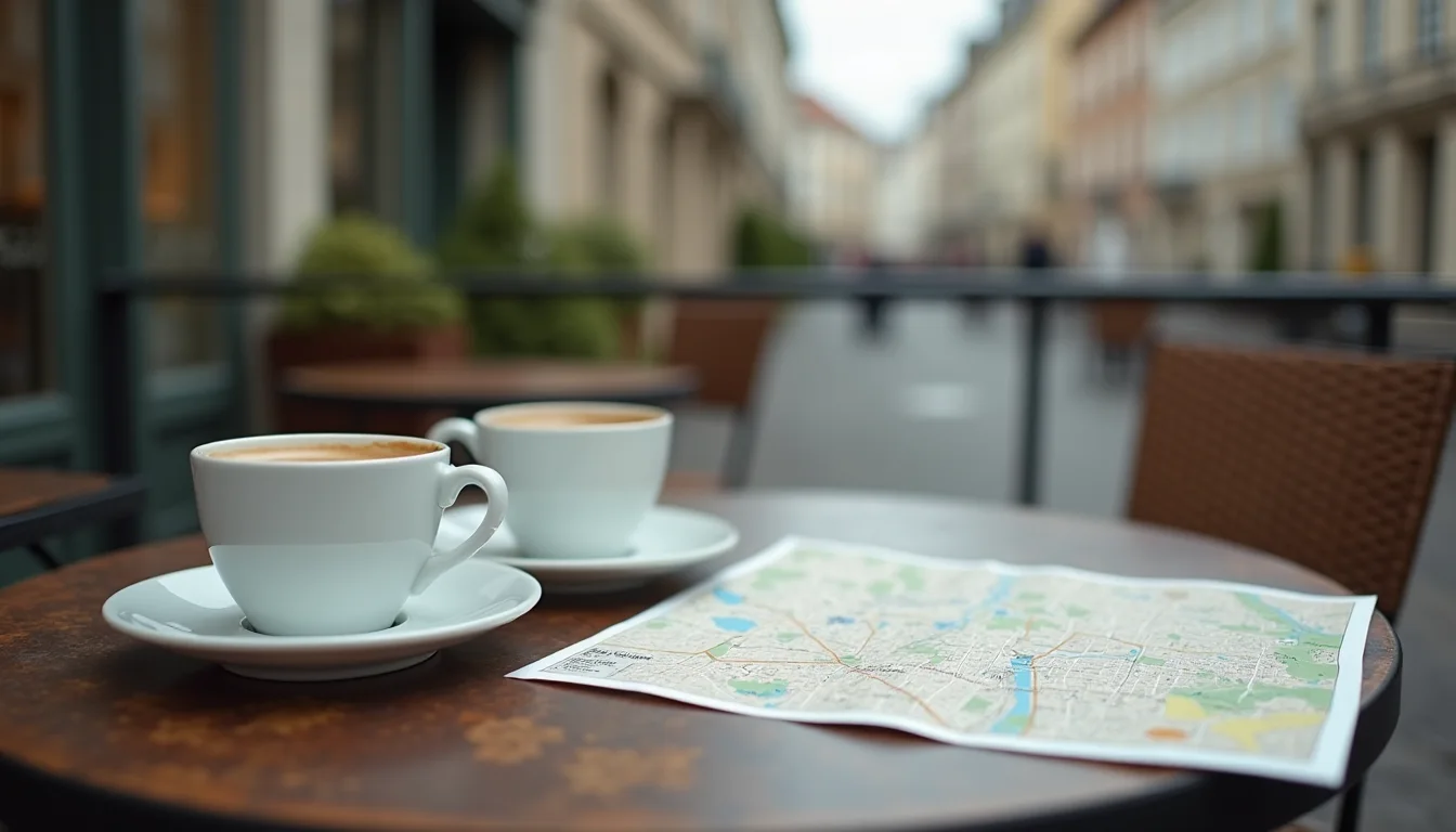 deux espressos sur une terrasse tranquille à côté d'un plan plié, lumière douce a Rennes