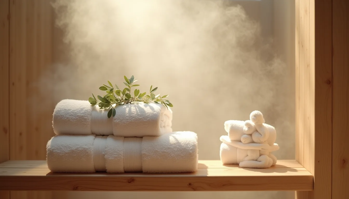 serviettes de spa empilées, eucalyptus et peignoirs sur cèdre a Rennes