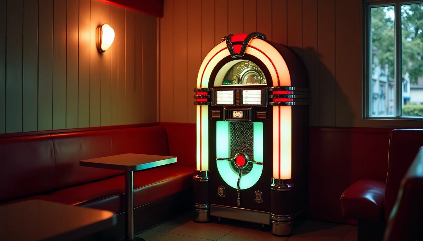 juke-box vintage à arc chromé, panneaux colorés dans un coin tamisé a Rennes
