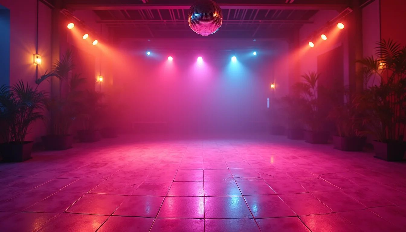piste de danse au néon, boule à facettes tournant dans l'obscurité a Rennes