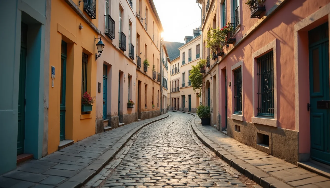 rue paveee bordee de facades pastel, lumiere doree du soir a Rennes