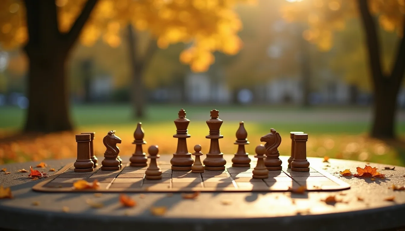 échiquier de parc en pleine partie, feuilles d automne sur la pierre a Rennes