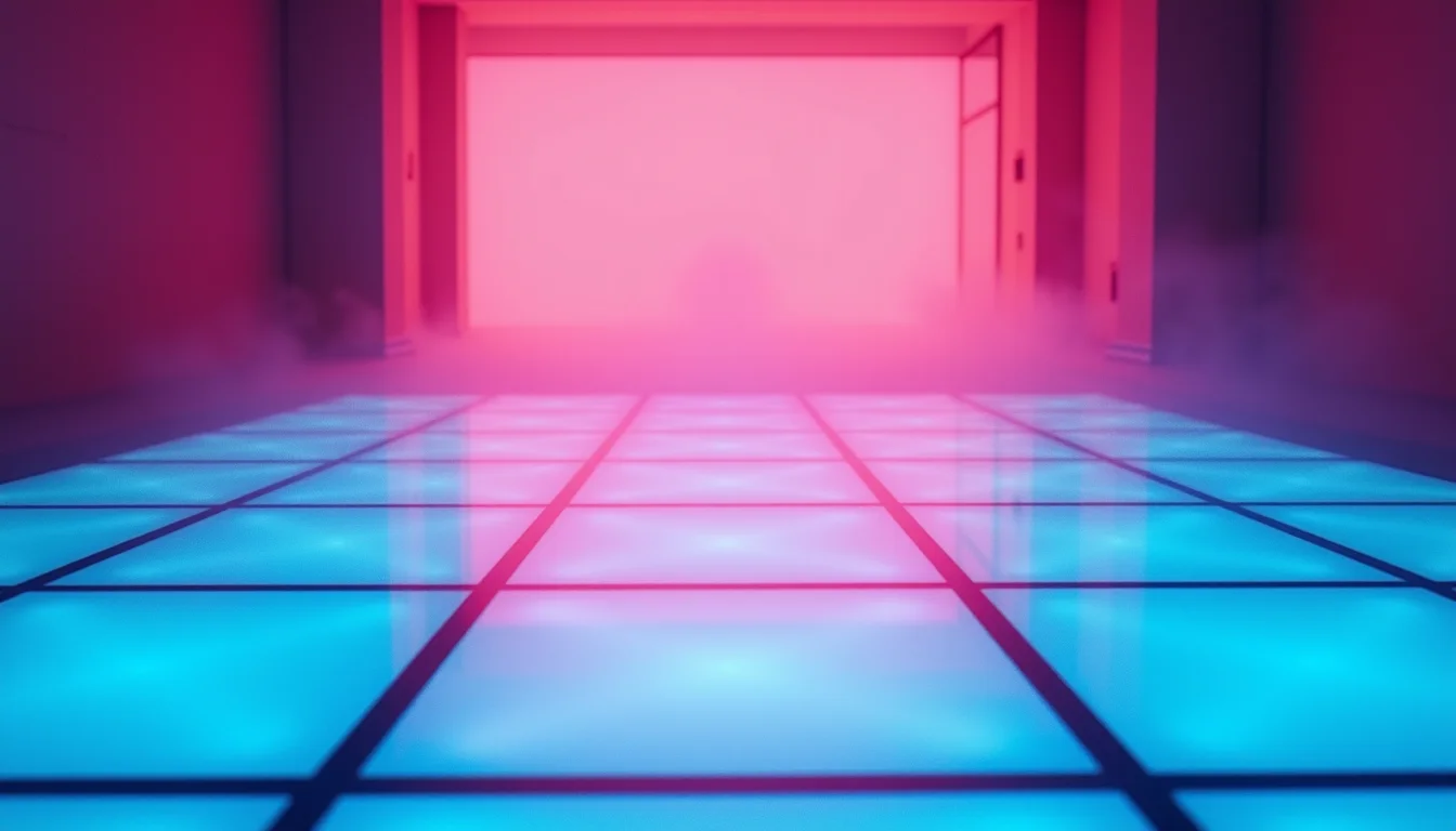 piste de danse au néon, carrés réfléchissants magenta et cyan a Rennes