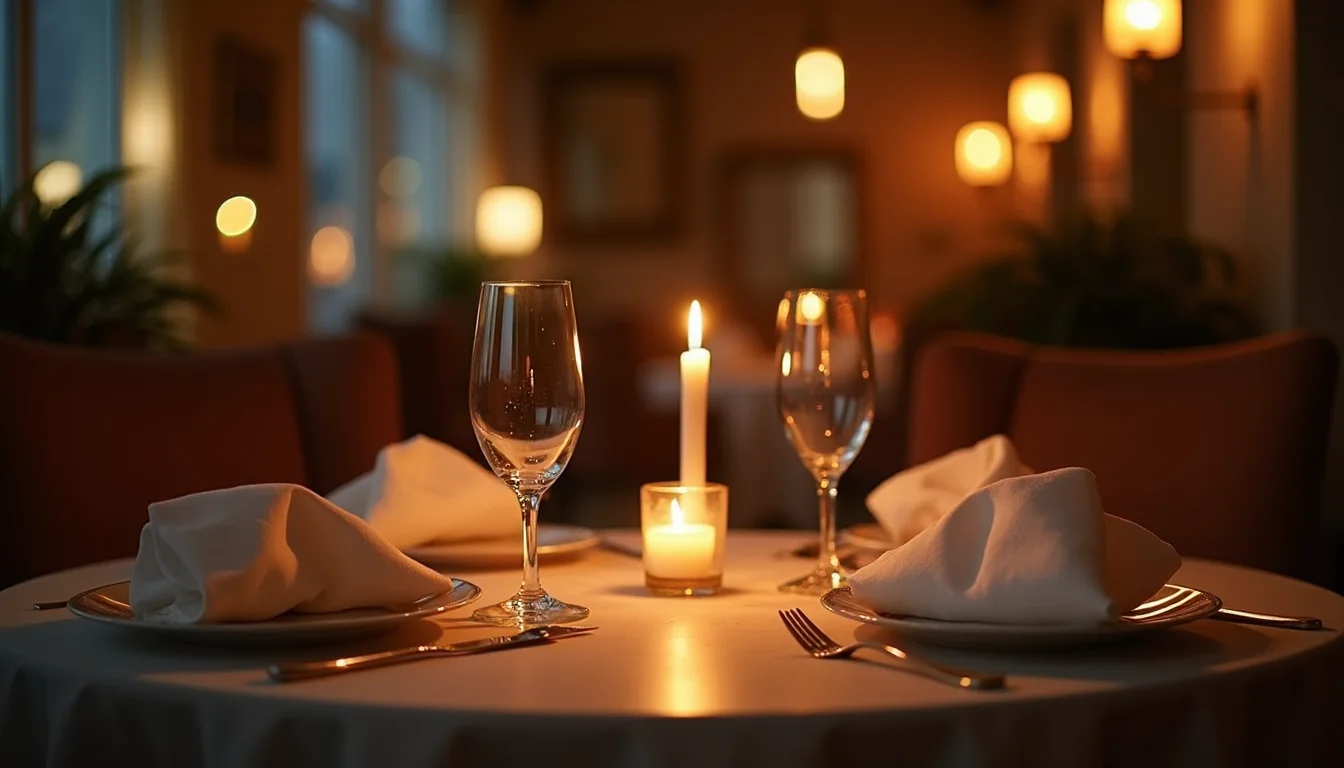 table de dîner aux chandelles dressée pour deux, lumière chaude du soir a Rennes