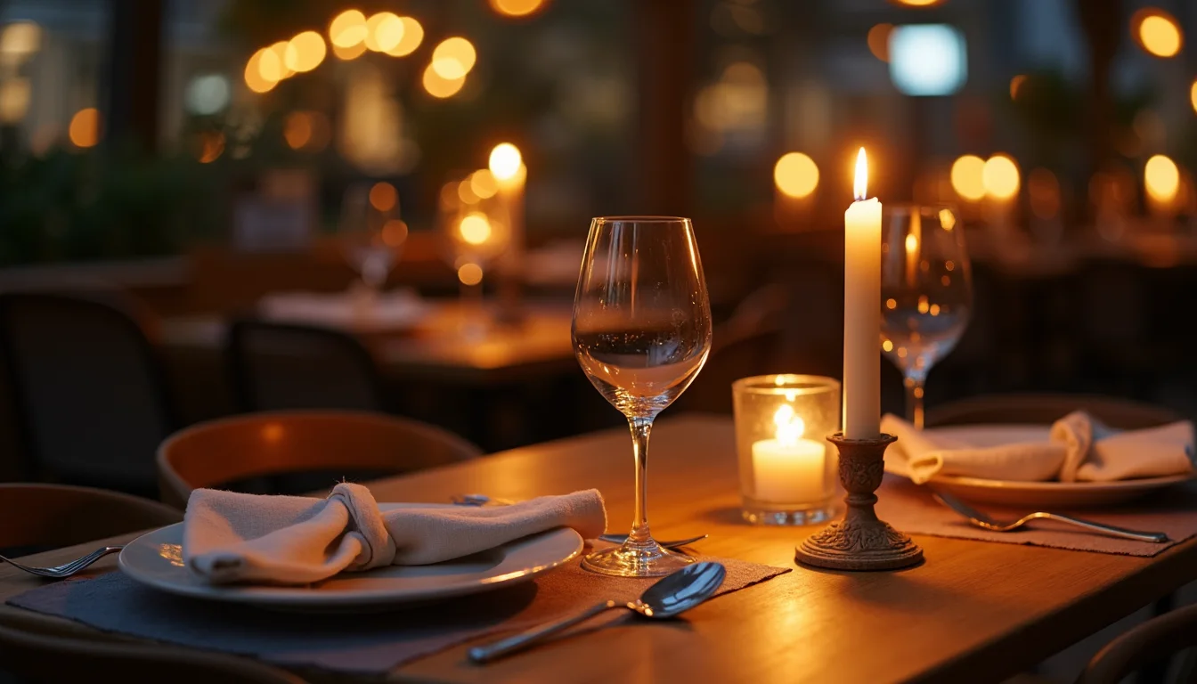 table de dîner aux chandelles dressée pour deux, lumière chaude du soir a Rennes