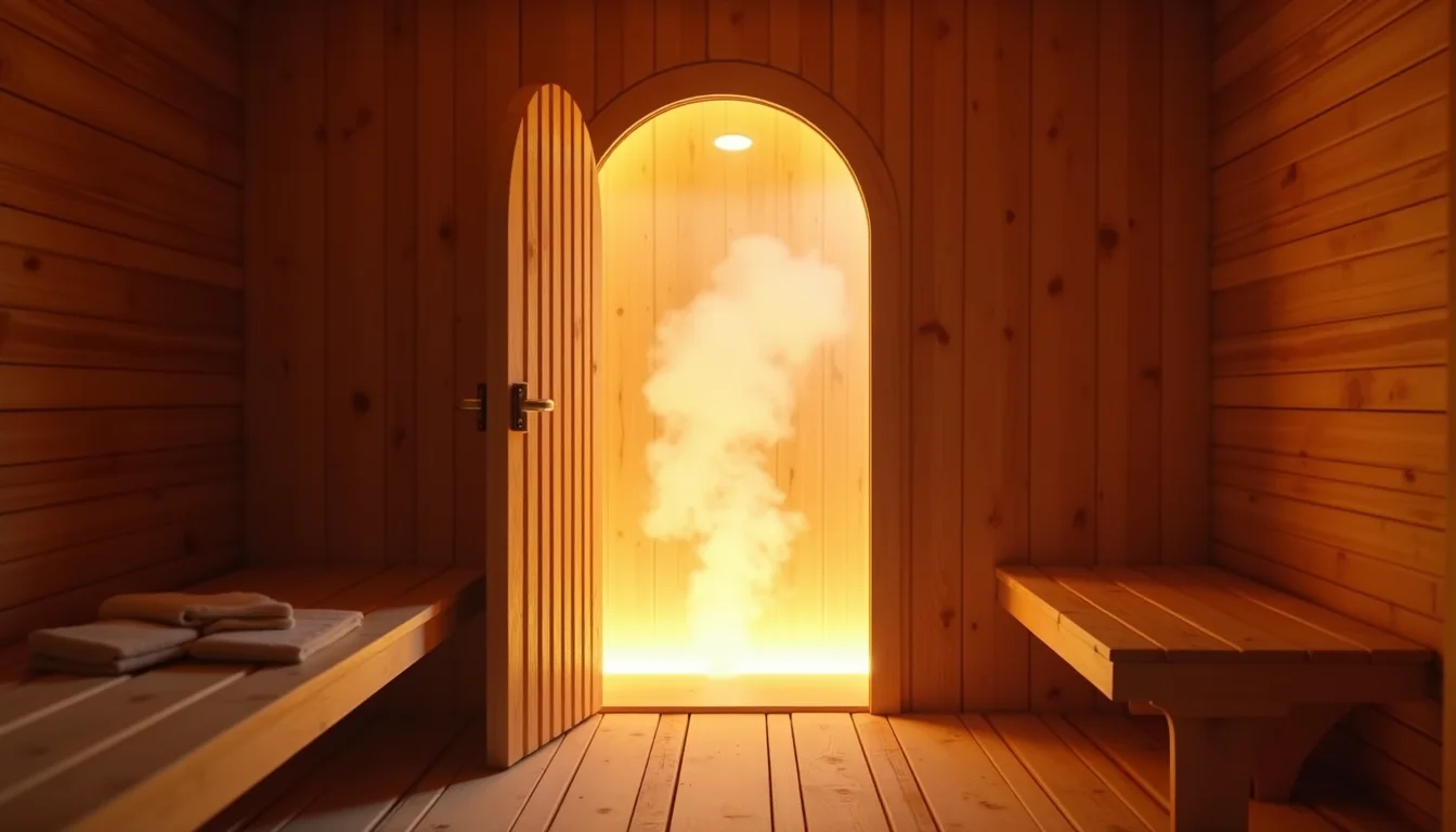 porte de sauna en bois entrouverte laissant filtrer vapeur et lumiere a Rennes