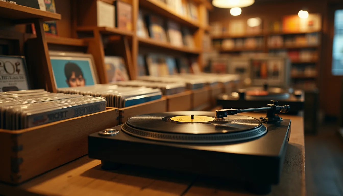 platine vinyle en marche près de bacs de disques dans un disquaire a Rennes