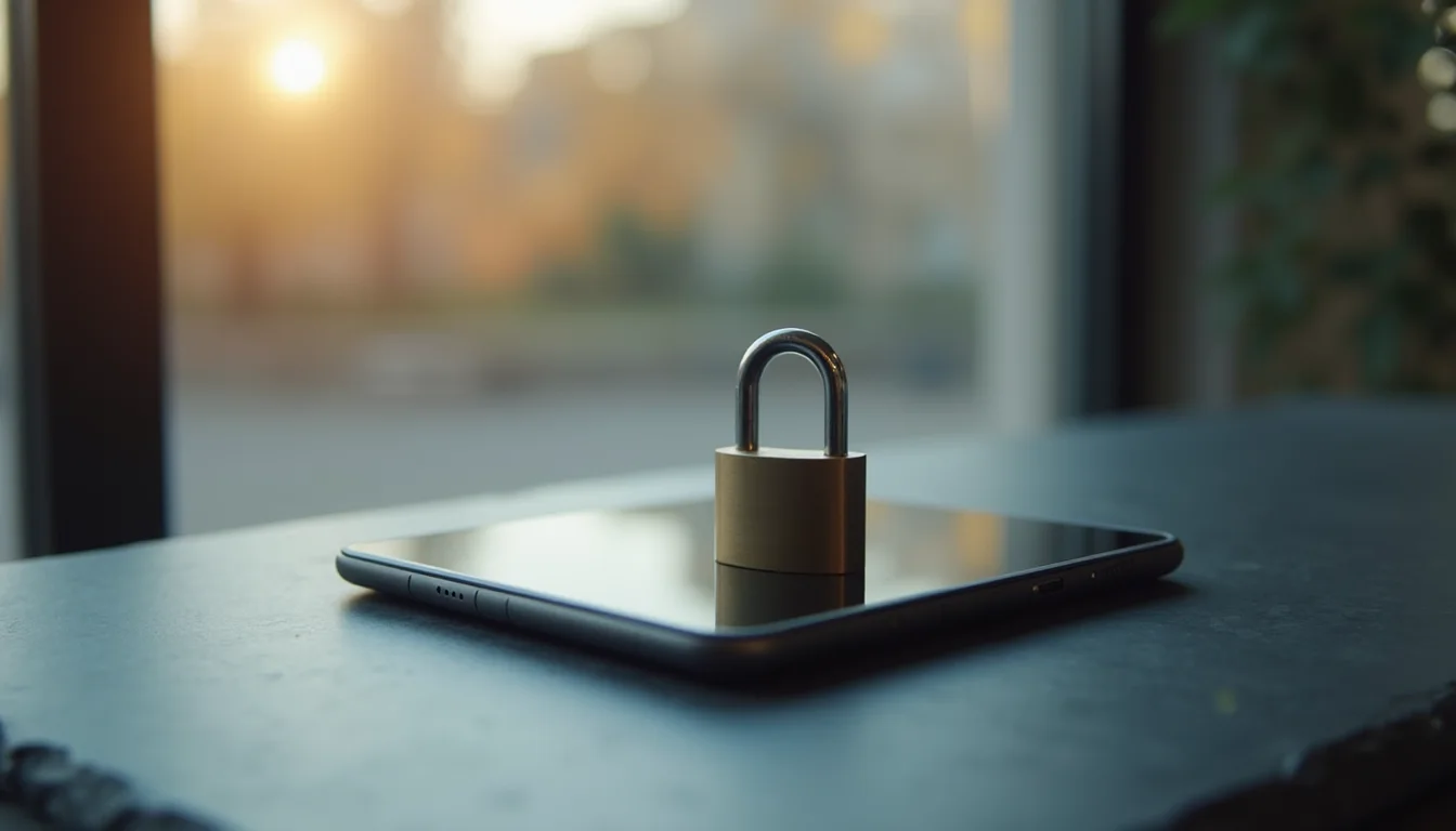 cadenas en acier brossé fermé sur un smartphone face cachée sur ardoise a Rennes