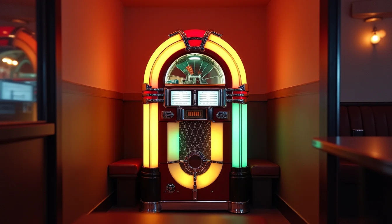 juke-box vintage à arc chromé, panneaux colorés dans un coin tamisé a Rennes