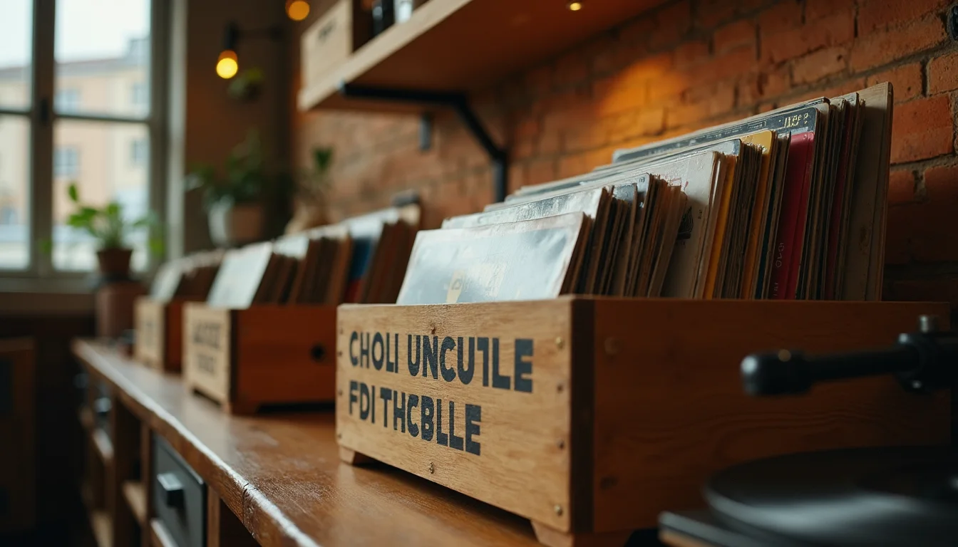 bacs de disques en bois et platine, lumière chaude sur les pochettes a Rennes