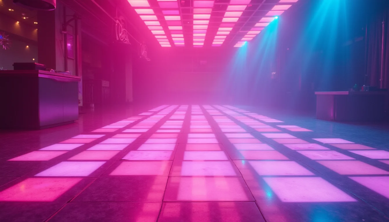 piste de danse au néon, carrés réfléchissants magenta et cyan a Rennes