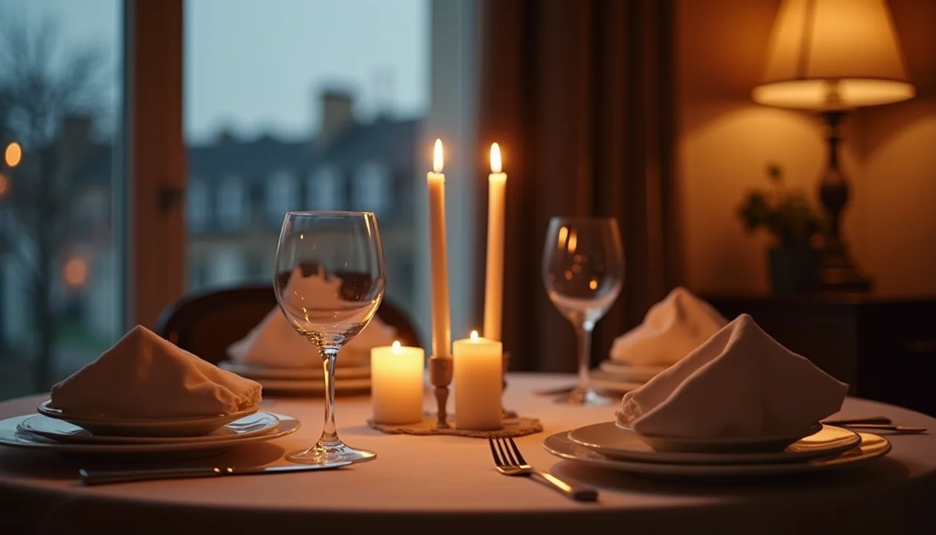 table de dîner aux chandelles dressée pour deux, lumière chaude du soir a Rennes