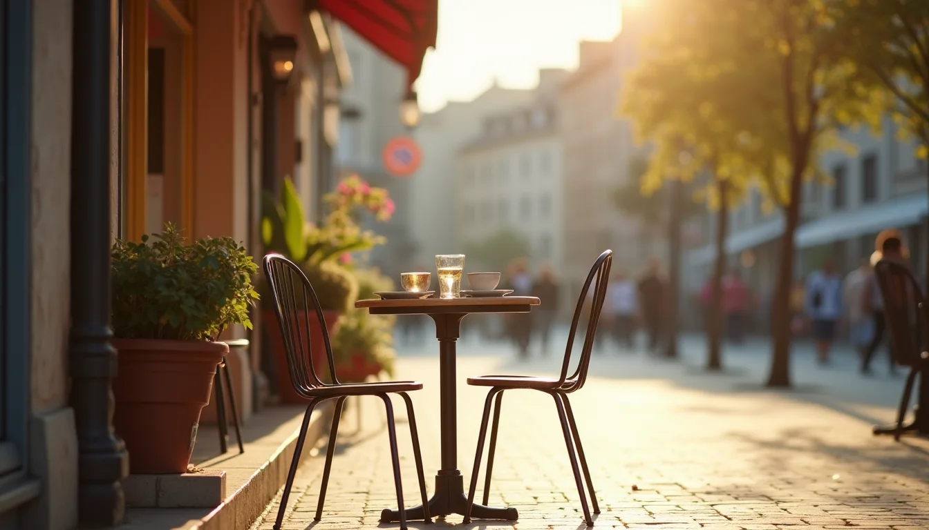 table de bistrot pour deux près d'une place ensoleillée, deux chaises vides a Rennes